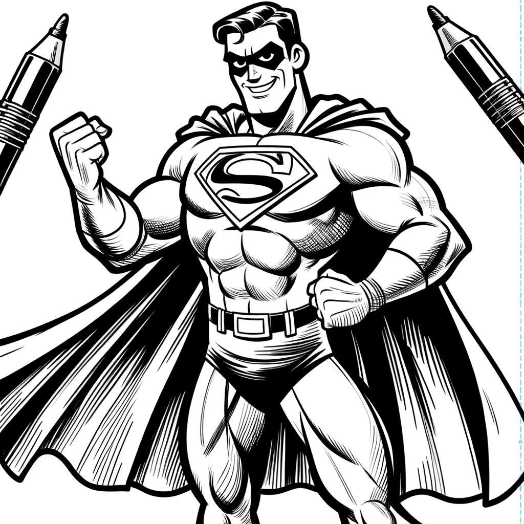 Ausmalbild - Superheld in Aktion - Superheld, Cape, dynamisch, heroische Pose