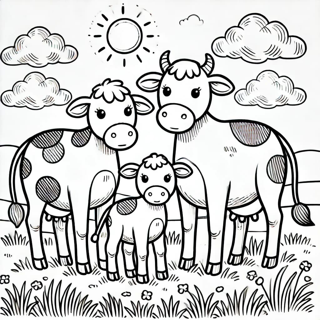 Ausmalbild - Familie Kuh auf der Wiese - Kuh, Kälbchen, Bauernhof, Wiese