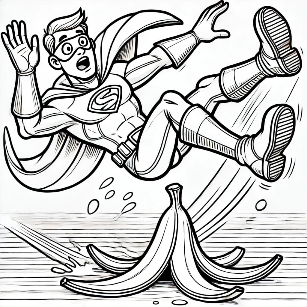 Ausmalbild - Superheld auf Bananenschale - Superheld, Banane, Rutschen, Comic
