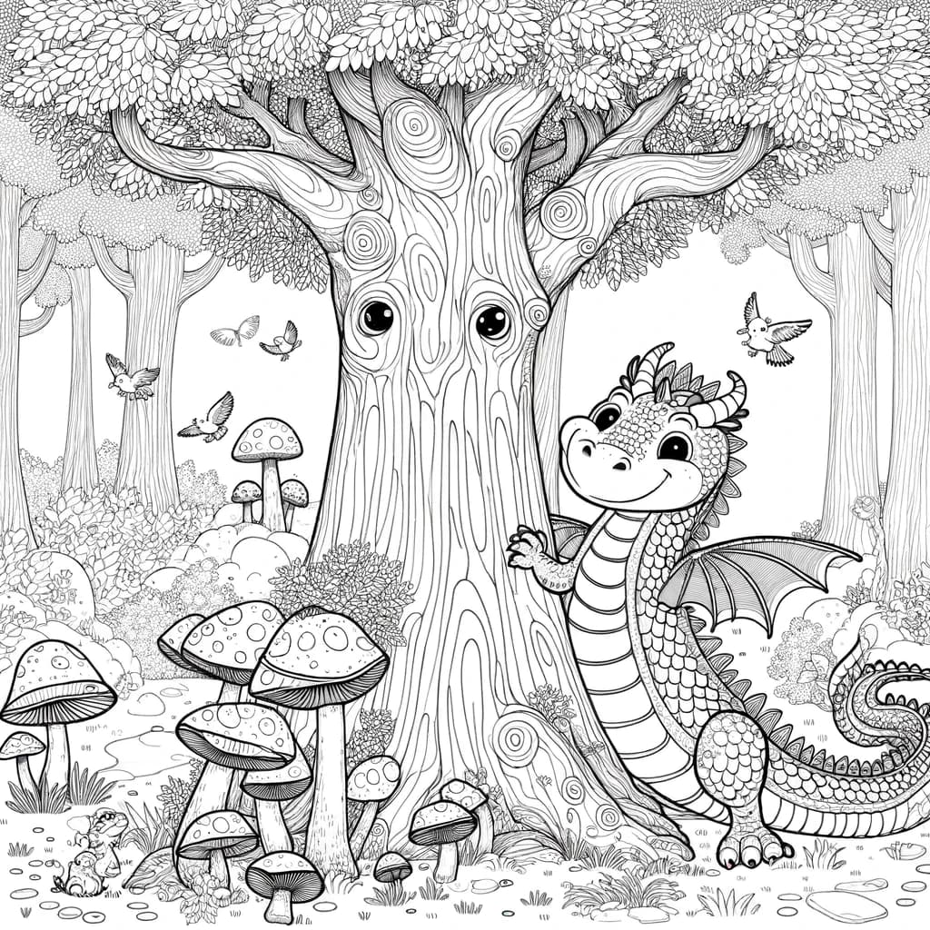Ausmalbild - Der freundliche Drache im Zauberwald - Drache, Zauberwald, Baum, Pilze
