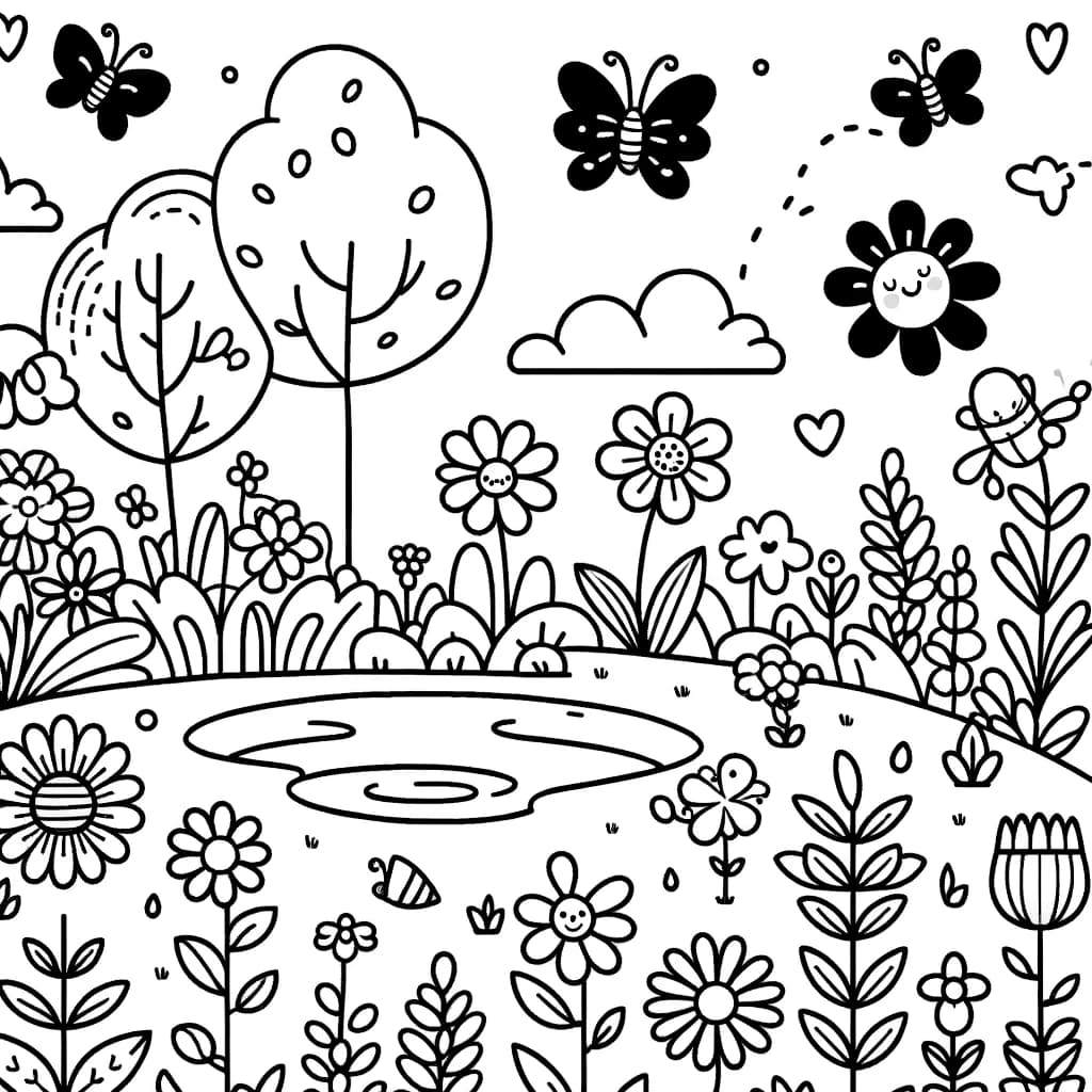 Ausmalbild - Fröhlicher Garten - Garten, Blumen, Teich, Schmetterlinge
