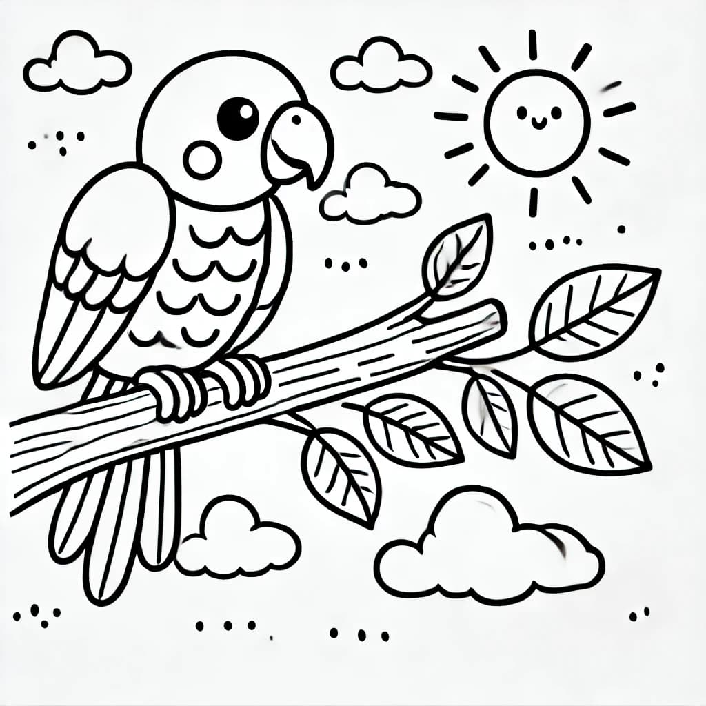 Ausmalbild - Papagei auf einem Ast - Papagei, Vogel, Baum, Äste