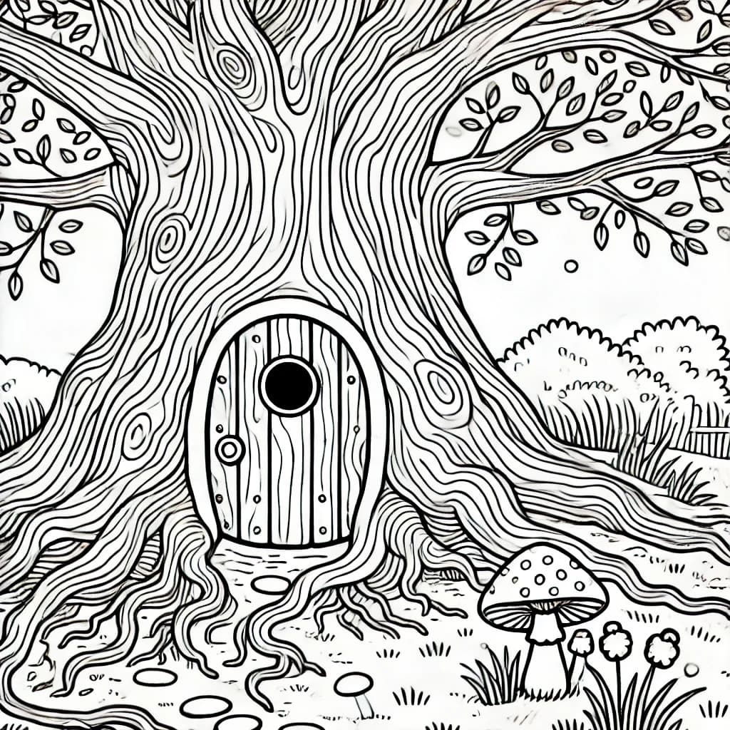 Ausmalbild - Die kleine Tür im Baum - Baum, Tür, Wurzeln, Märchen