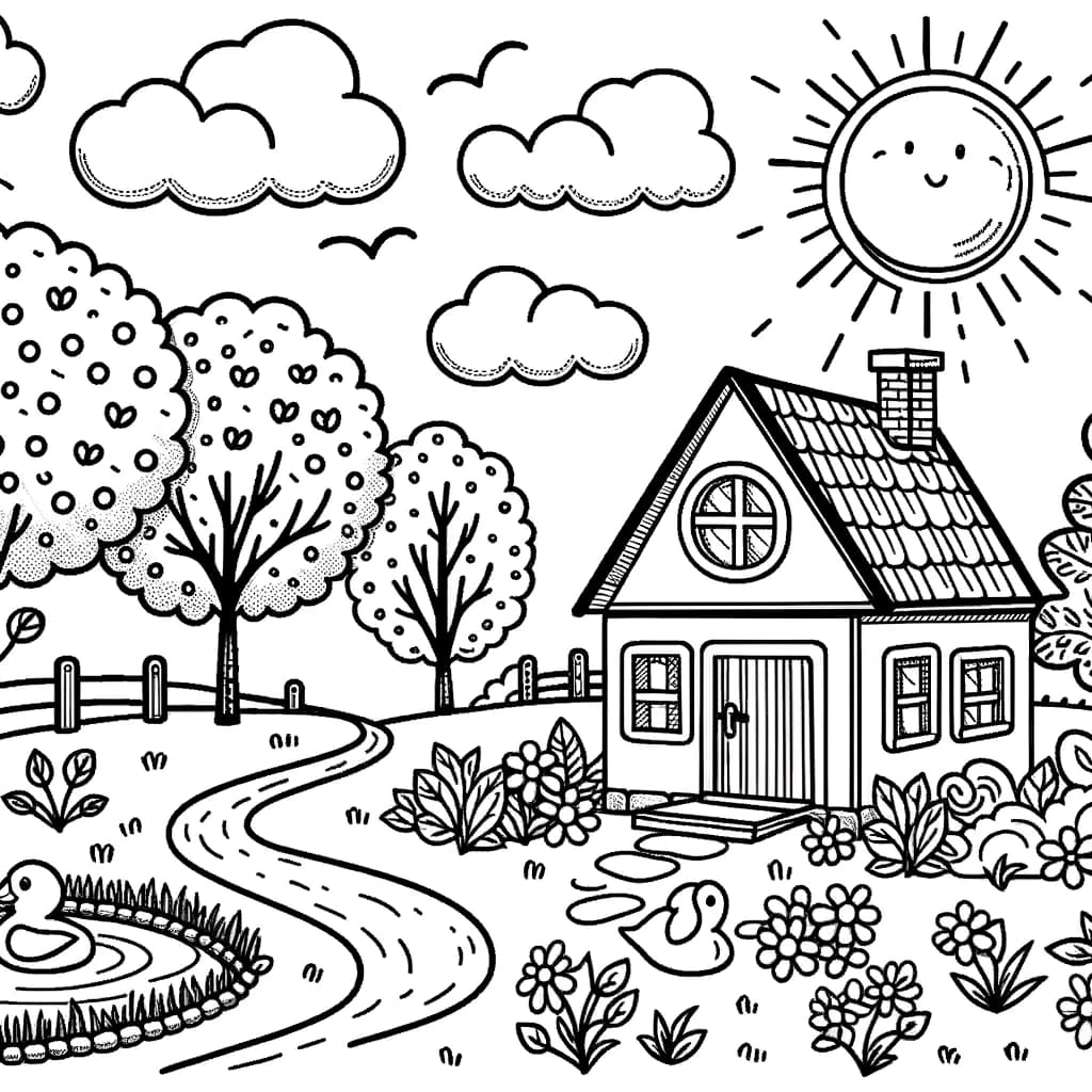 Ausmalbild - Friedliche Landschaft - Sonne, Wolken, Haus, Weg