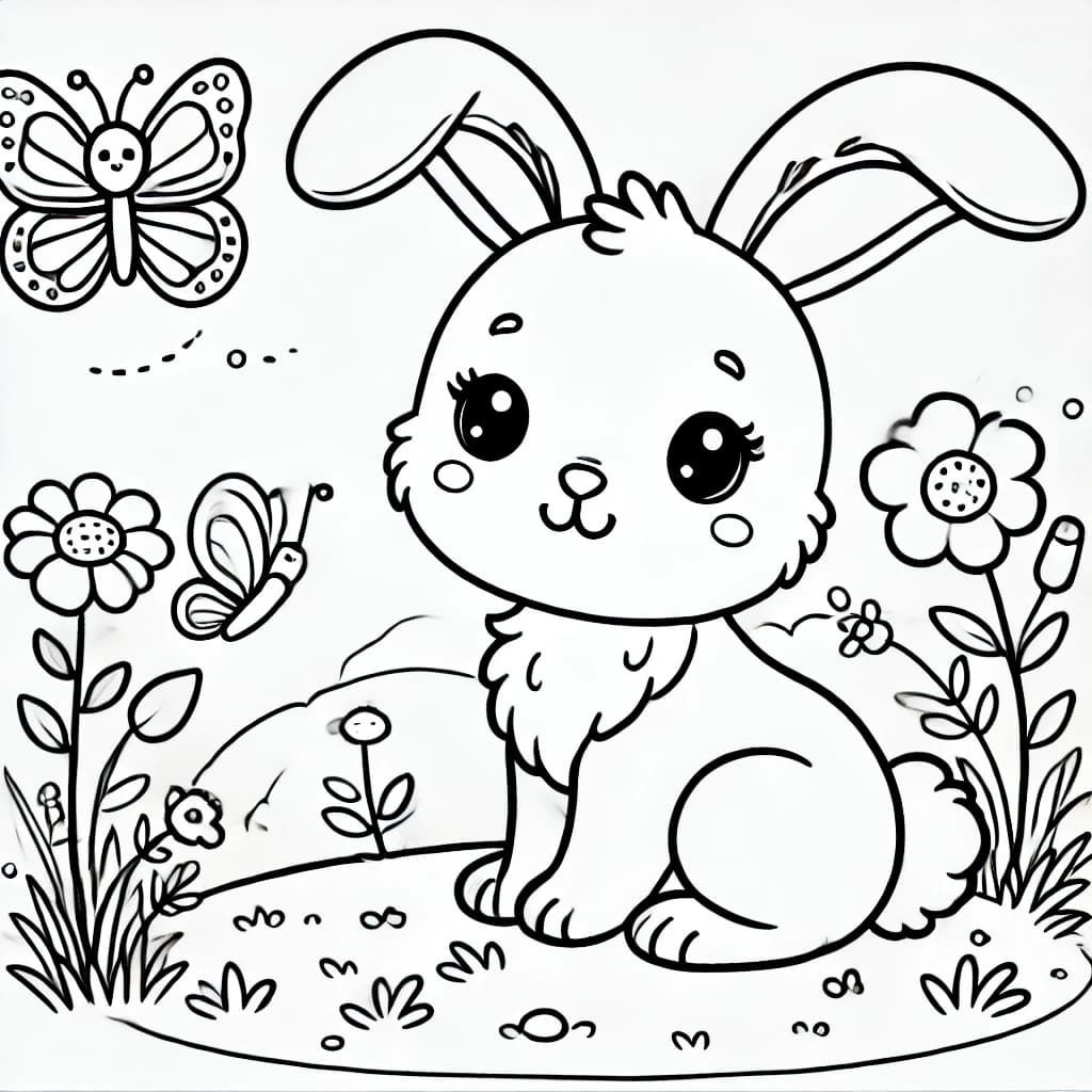 Ausmalbild - Hase auf der Wiese - Hase, Wiese, Blumen, Schmetterling
