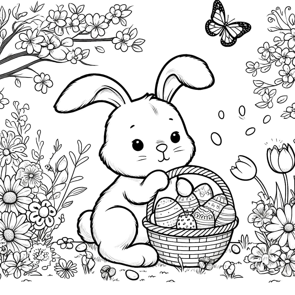 Ausmalbild - Der Osterhase im Blumengarten - Osterhase, Ostereier, Blumengarten, Tulpen