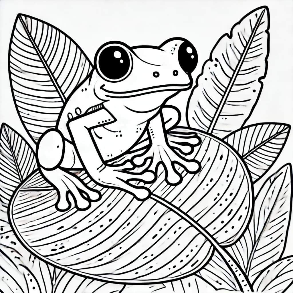 Ausmalbild - Rotaugenlaubfrosch auf einem Blatt - Frosch, Amphibien, Dschungel, Natur