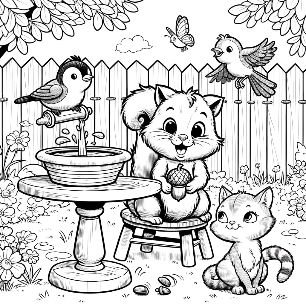 Ausmalbild - Spielzeit im Garten - Eichhörnchen, Vogel, Katze, Garten