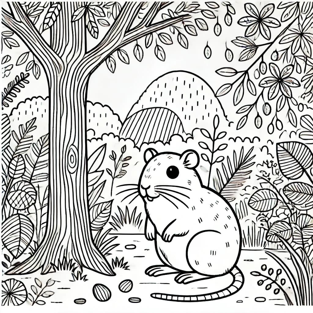 Ausmalbild - Aguti im tropischen Wald - Aguti, Wald, Blätter, Bäume