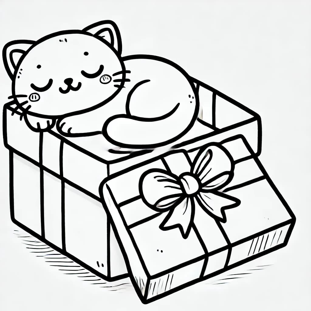 Ausmalbild - Kuschelkatze im Geschenk - Katze, Geschenk, Schleife, Kuscheln