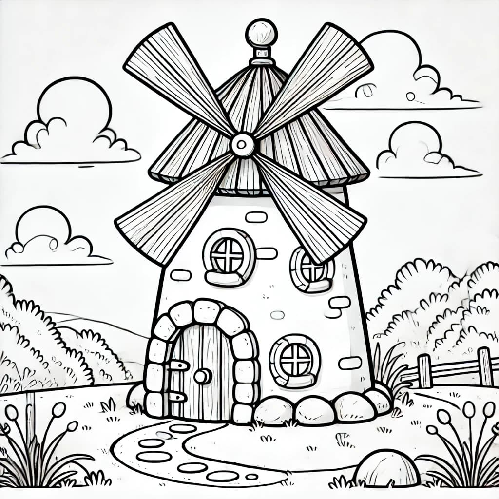 Ausmalbild - Die kleine verzauberte Mühle - Windmühle, Märchen, Zauber, Natur