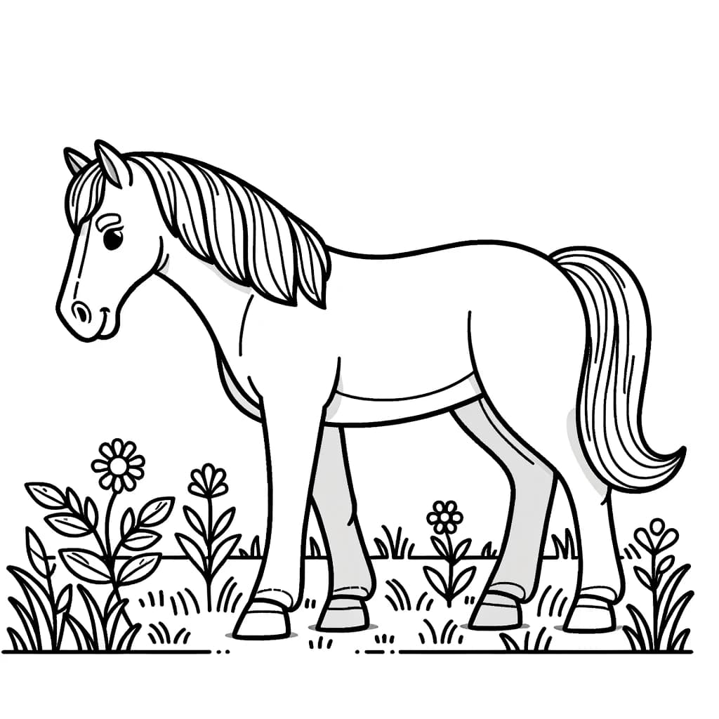 Ausmalbild - Frohes Pferd auf der Wiese - Pferd, Wiese, Ausmalbild
