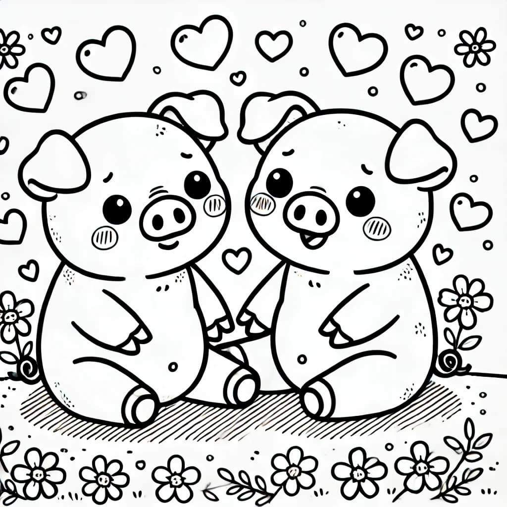 Ausmalbild - Verliebte Schweinchen - Schweine, Liebe, Herz, Tiere