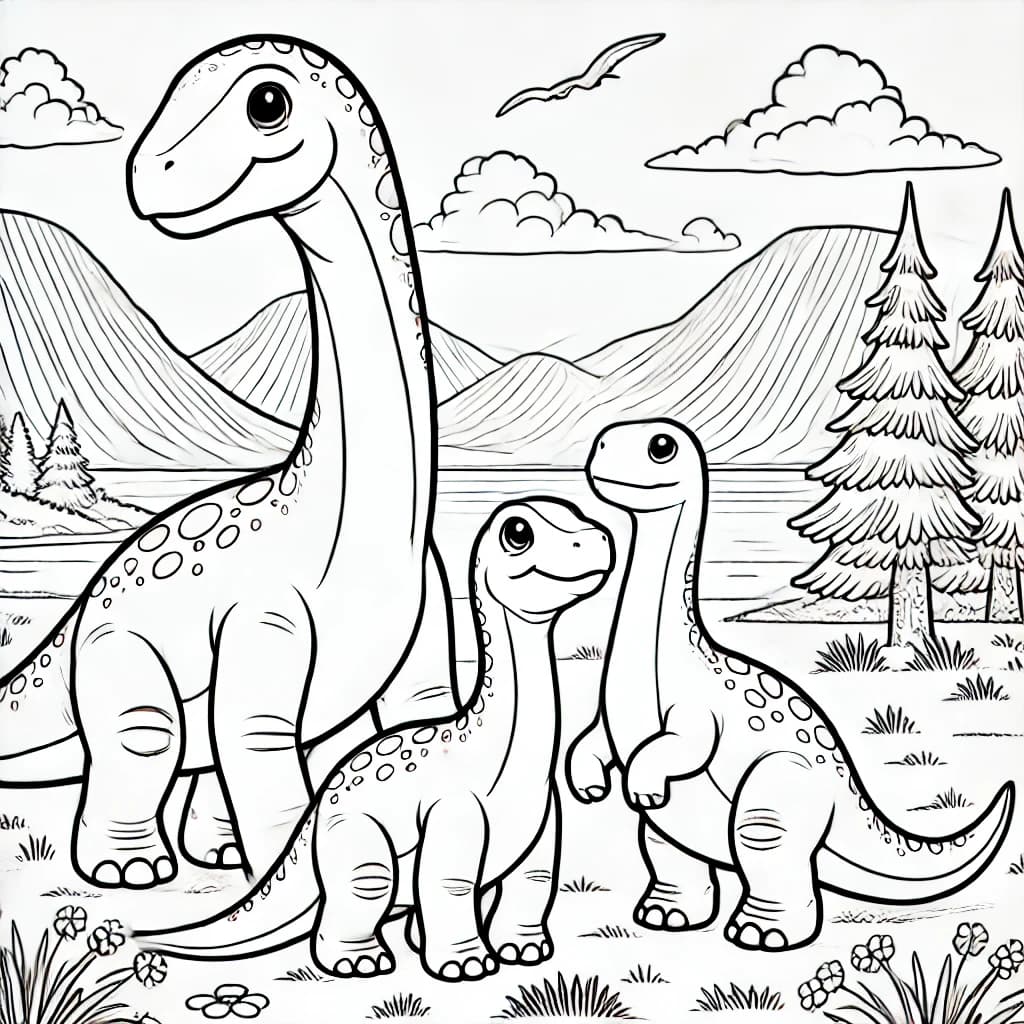 Ausmalbild - Familie Langhals Dinosaurier - Dinosaurier, Familie, Urzeit, Langhals